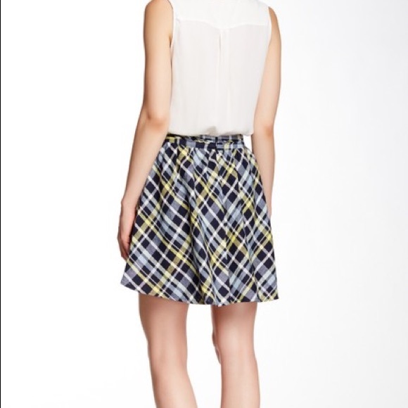 Blue-yellow Kaylea Plaid Linen Skater Skirt - Picture 2 of 4